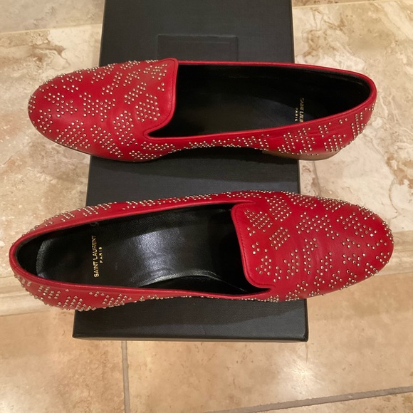 SAINT LAURENT RED SILVER STUDDED LOAFERS SIZE 37.5 - Picture 3 of 4